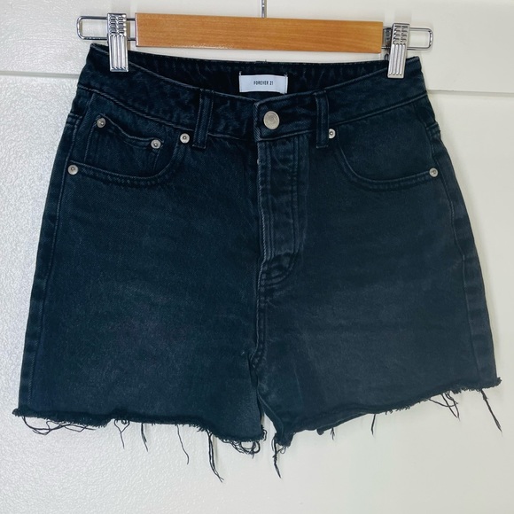 Forever 21 Pants - Forever 21 24 Black High Rise Button Fly Cuff Off Denim Jean Shorts